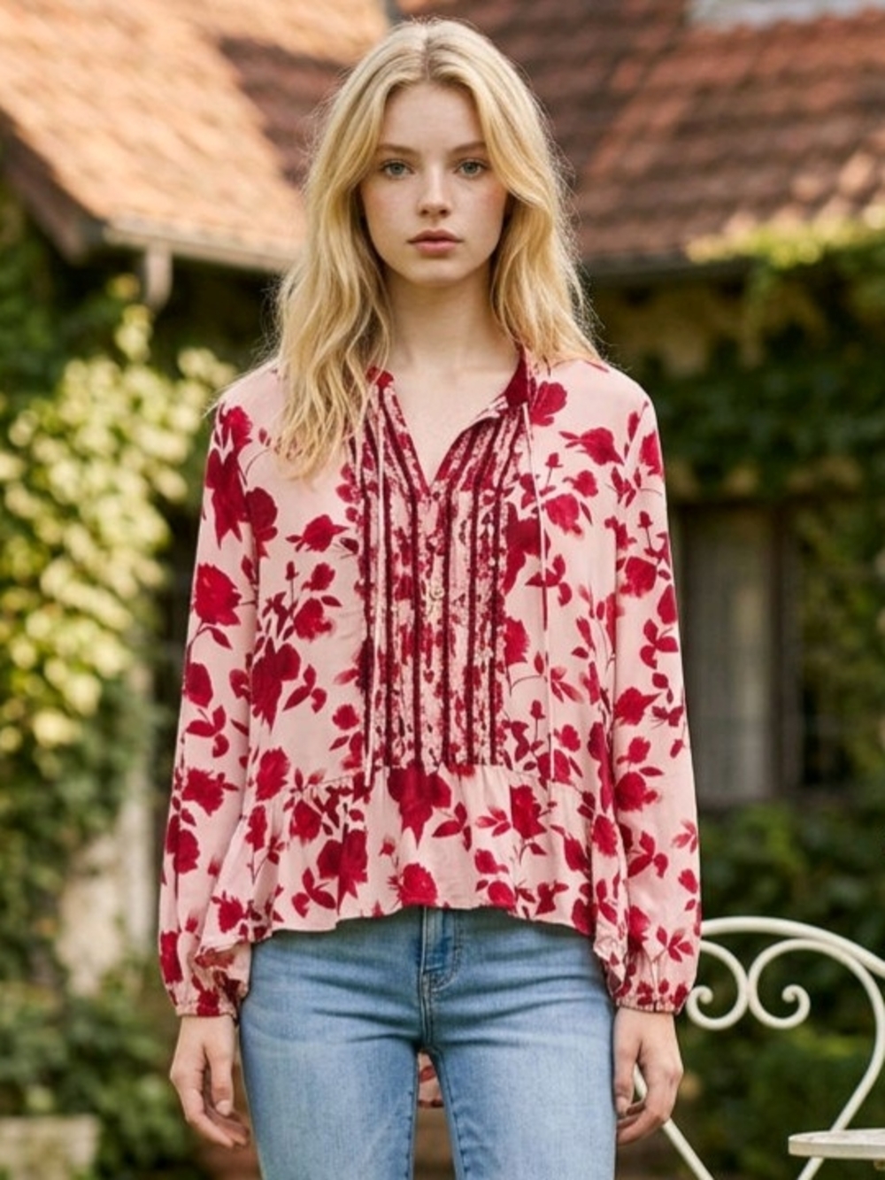 Matilda Jane Floral Top Red/Pink, Pleated Ruffle, Velvet Details M (No Button)